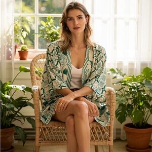 Diane Fries Elegant Green Patterned Women's silk open kimono style top